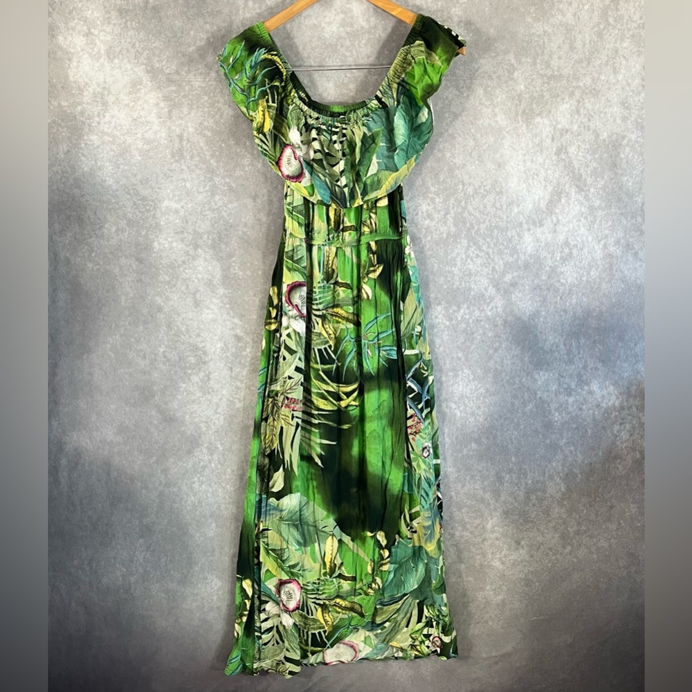 Desigual‎ Maxi Dress Womens Small Green Floral Short Sleeve Stretch Waist & Neck